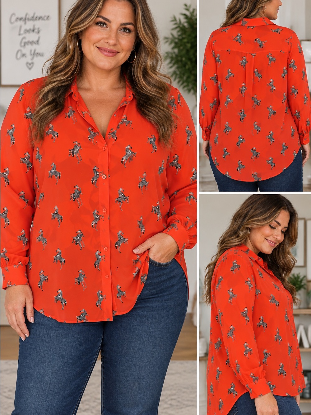 Plus Size Horse-Print Button-Down Shirt in Vibrant Orange
